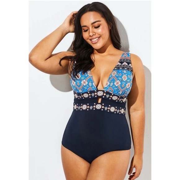 NWOT Meet Curve One Piece Swimsuit - Large - Navy Blue,Print,Cut-Outs (msrp $34) - Picture 1 of 4